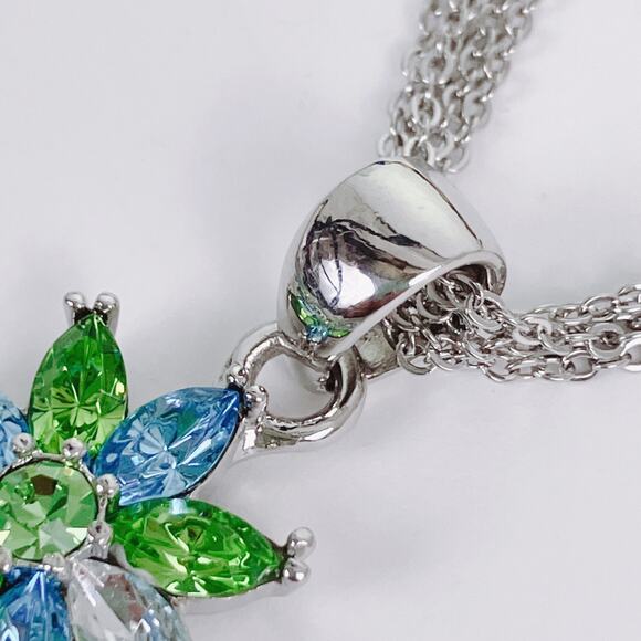 Vintage Large Silver Tone Floral Rhinestone Cross Pendant Necklace Blue Green - Picture 5 of 11